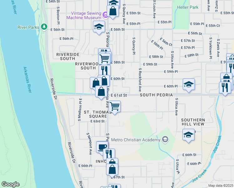 map of restaurants, bars, coffee shops, grocery stores, and more near 1327 East 61st Street in Tulsa