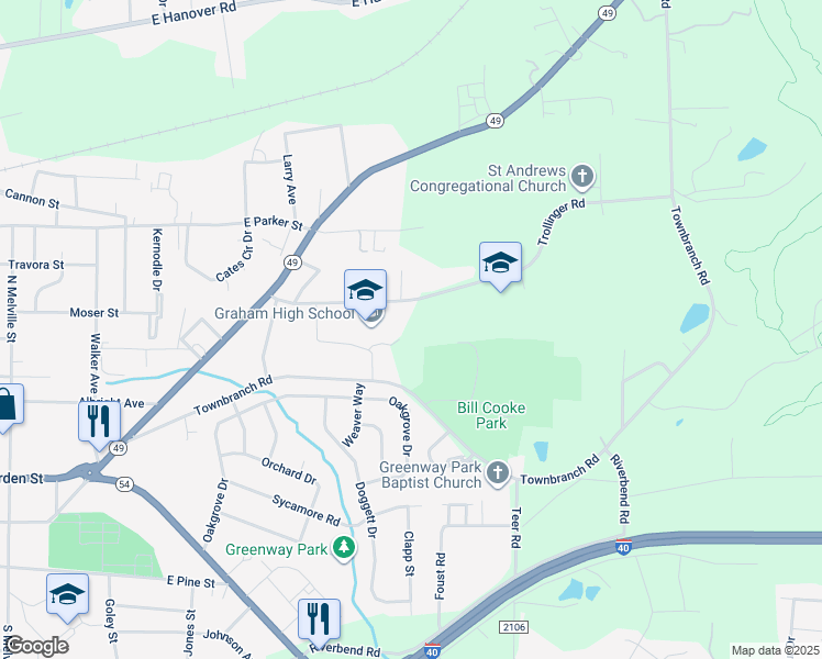 map of restaurants, bars, coffee shops, grocery stores, and more near 903 Trollinger Road in Graham