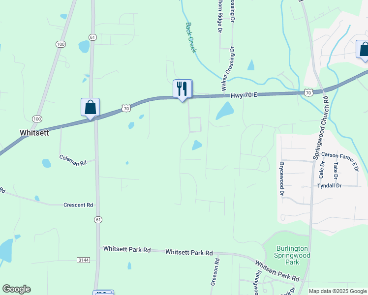 map of restaurants, bars, coffee shops, grocery stores, and more near 123 Cape Fear Drive in Whitsett