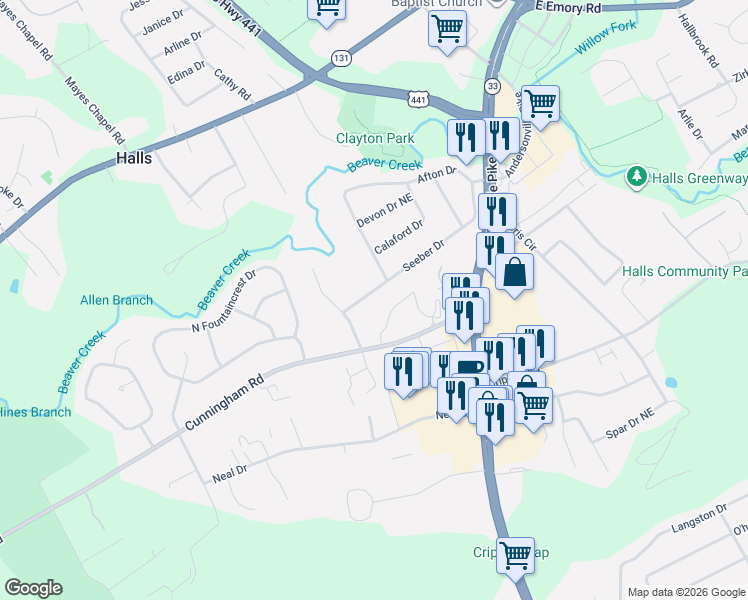 map of restaurants, bars, coffee shops, grocery stores, and more near 3710 Seeber Drive in Knoxville
