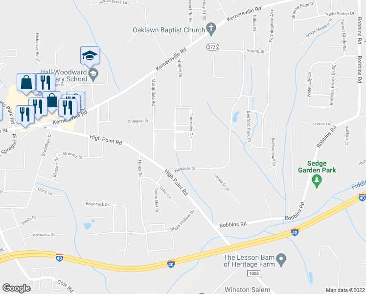 map of restaurants, bars, coffee shops, grocery stores, and more near 3855 Thornaby Circle in Winston-Salem