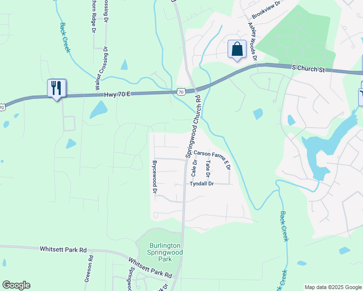 map of restaurants, bars, coffee shops, grocery stores, and more near 101 Ashley Ridge Drive in Burlington