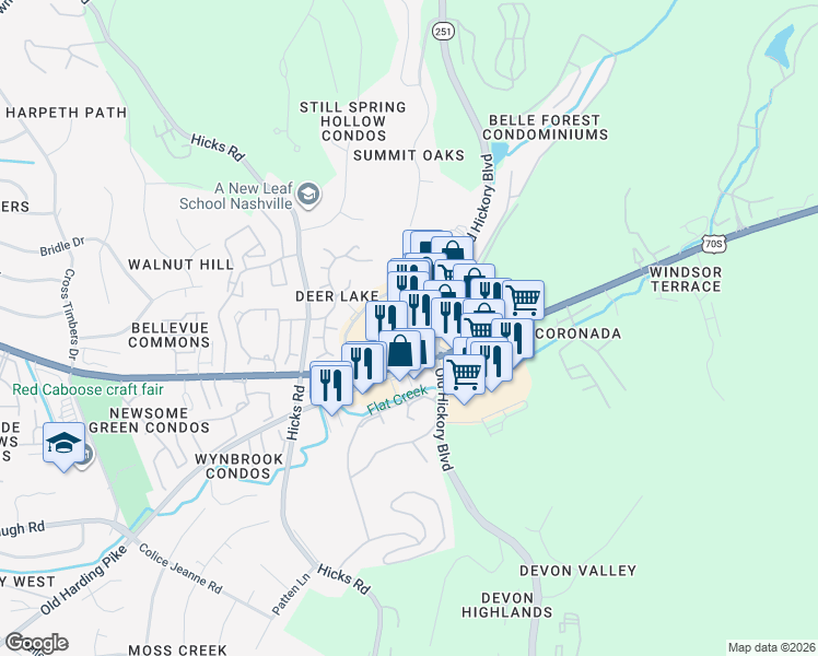 map of restaurants, bars, coffee shops, grocery stores, and more near 7102 Hwy 70 S in Nashville