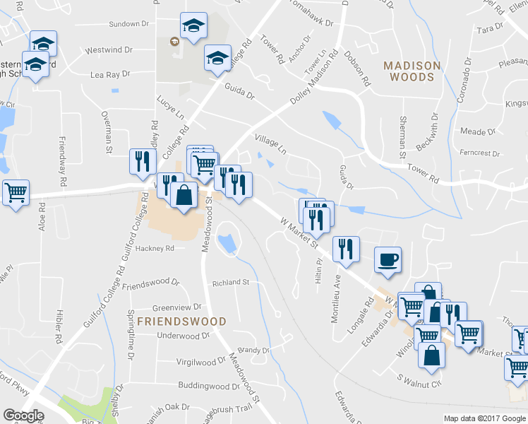 map of restaurants, bars, coffee shops, grocery stores, and more near 5653 West Market Street in Greensboro