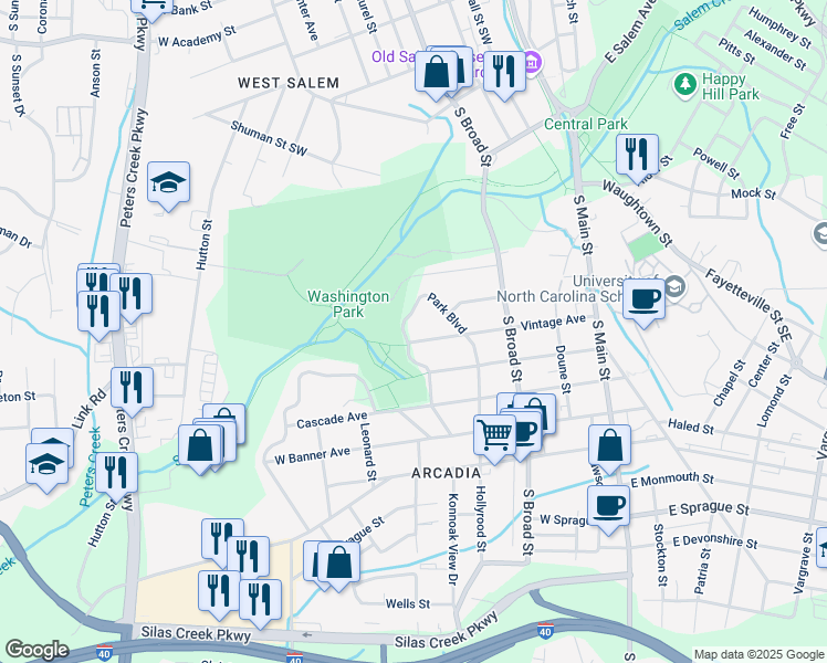 map of restaurants, bars, coffee shops, grocery stores, and more near 134 Park Boulevard in Winston-Salem