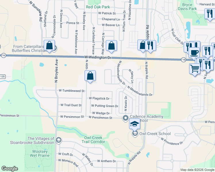 map of restaurants, bars, coffee shops, grocery stores, and more near 4430 West Lofty Wood Drive in Fayetteville