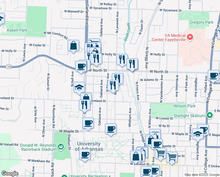 map of restaurants, bars, coffee shops, grocery stores, and more near 814 North Storer Avenue in Fayetteville