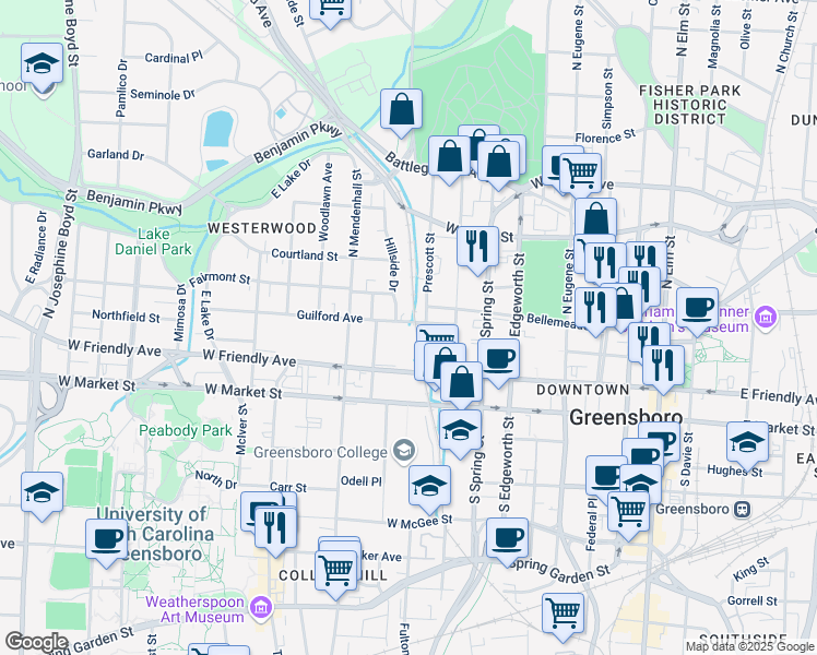 map of restaurants, bars, coffee shops, grocery stores, and more near 501 Guilford Avenue in Greensboro