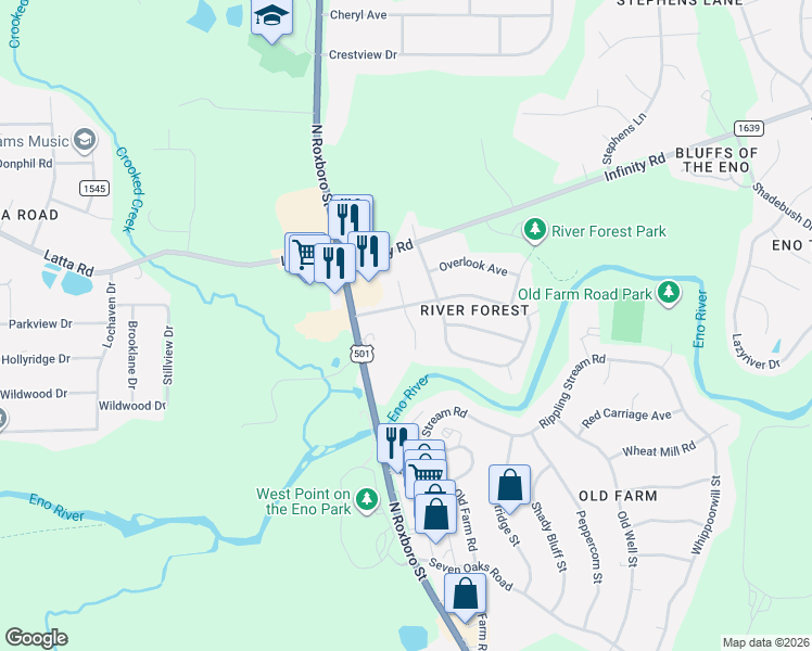 map of restaurants, bars, coffee shops, grocery stores, and more near 4807 South Singing Woods Place in Durham