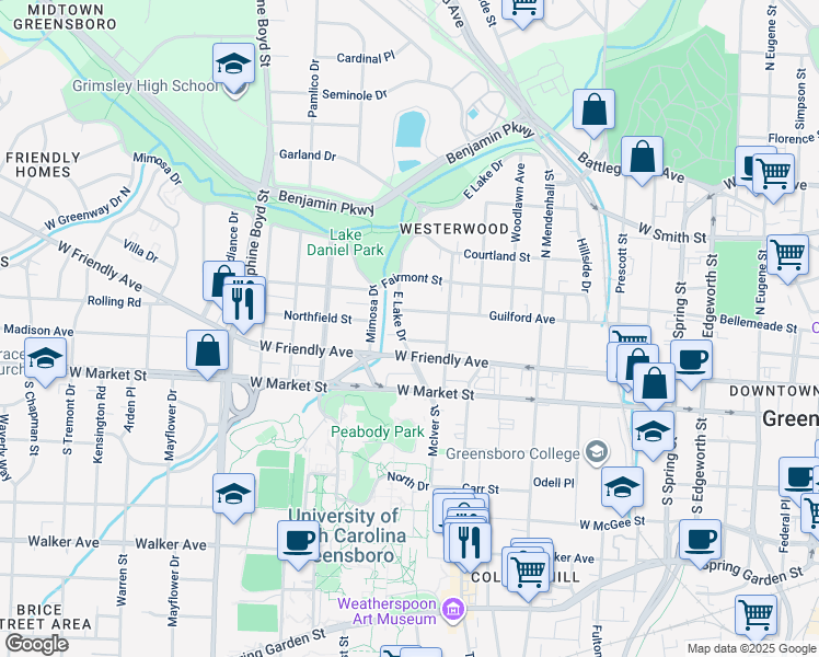 map of restaurants, bars, coffee shops, grocery stores, and more near in Greensboro