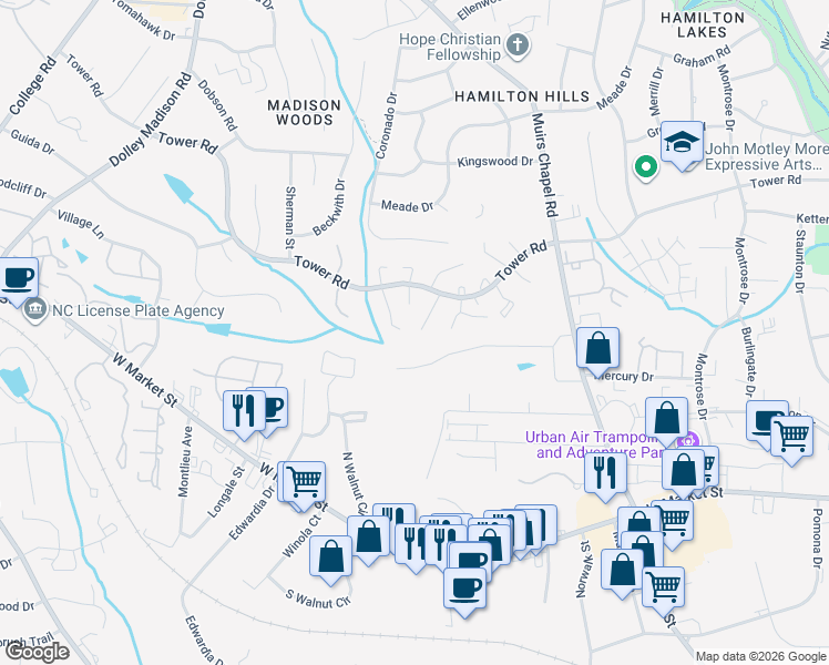 map of restaurants, bars, coffee shops, grocery stores, and more near 5000 Kenview Street in Greensboro