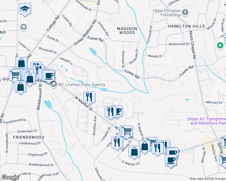 map of restaurants, bars, coffee shops, grocery stores, and more near 5311 Guida Drive in Greensboro