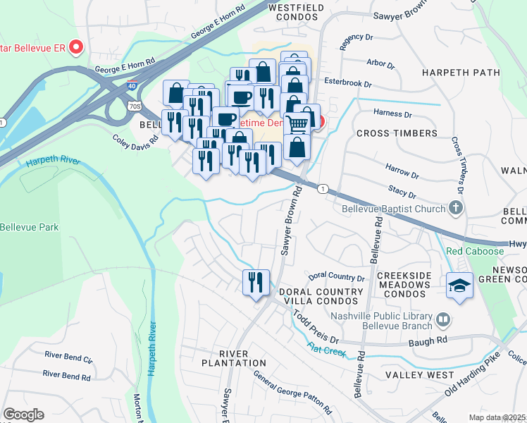 map of restaurants, bars, coffee shops, grocery stores, and more near 8207 Sawyer Brown Road in Nashville