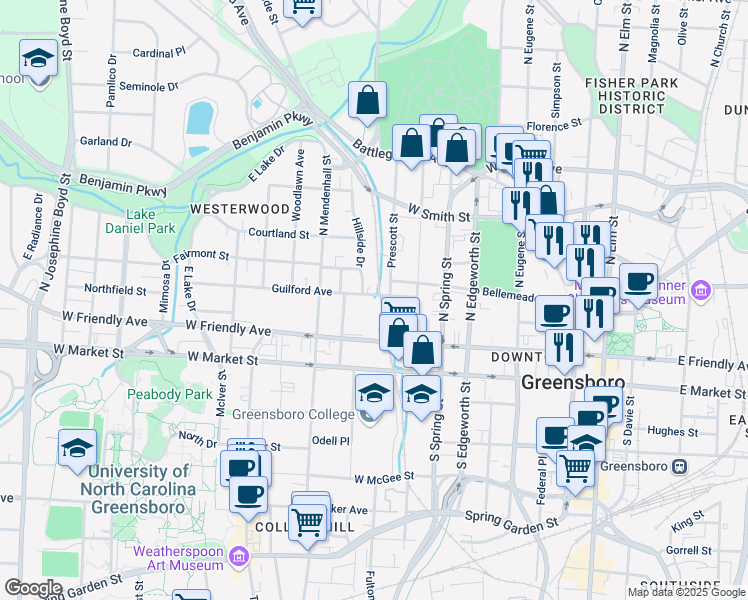 map of restaurants, bars, coffee shops, grocery stores, and more near 501 Guilford Avenue in Greensboro