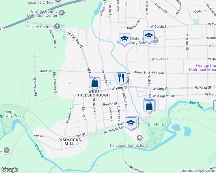 map of restaurants, bars, coffee shops, grocery stores, and more near 104 Lakeshore Drive in Hillsborough