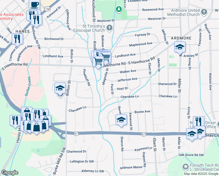 map of restaurants, bars, coffee shops, grocery stores, and more near 1205 Magnolia Street in Winston-Salem