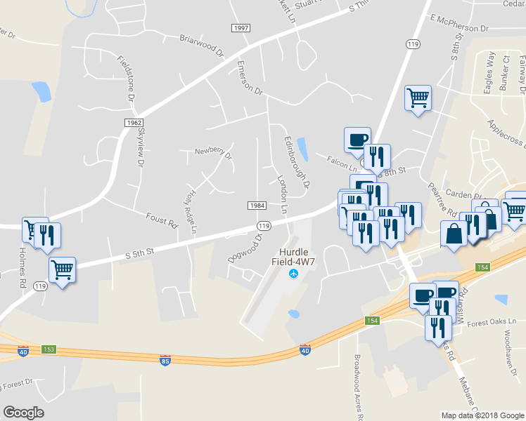 map of restaurants, bars, coffee shops, grocery stores, and more near 119 Dogwood Drive in Mebane
