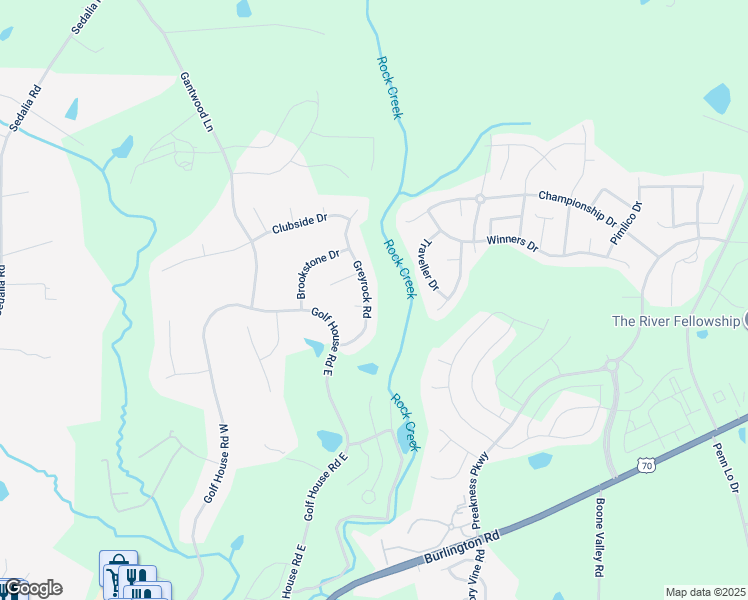 map of restaurants, bars, coffee shops, grocery stores, and more near 714 Greyrock Road in Whitsett
