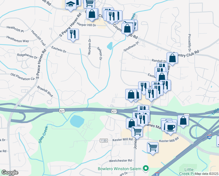 map of restaurants, bars, coffee shops, grocery stores, and more near 4790 Southwin Drive in Winston-Salem