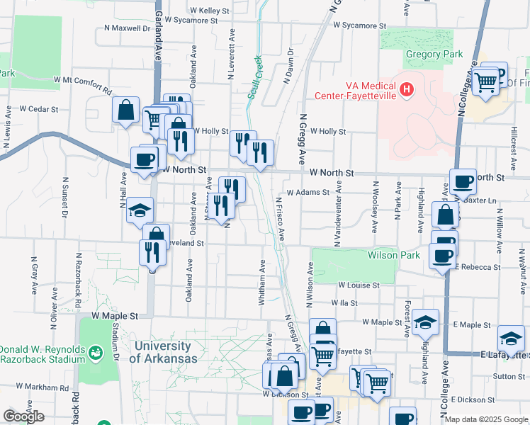 map of restaurants, bars, coffee shops, grocery stores, and more near Scull Creek Trail in Fayetteville