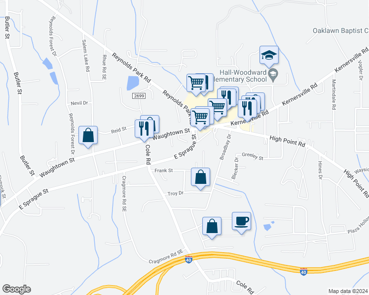 map of restaurants, bars, coffee shops, grocery stores, and more near 2929 East Sprague Street in Winston-Salem