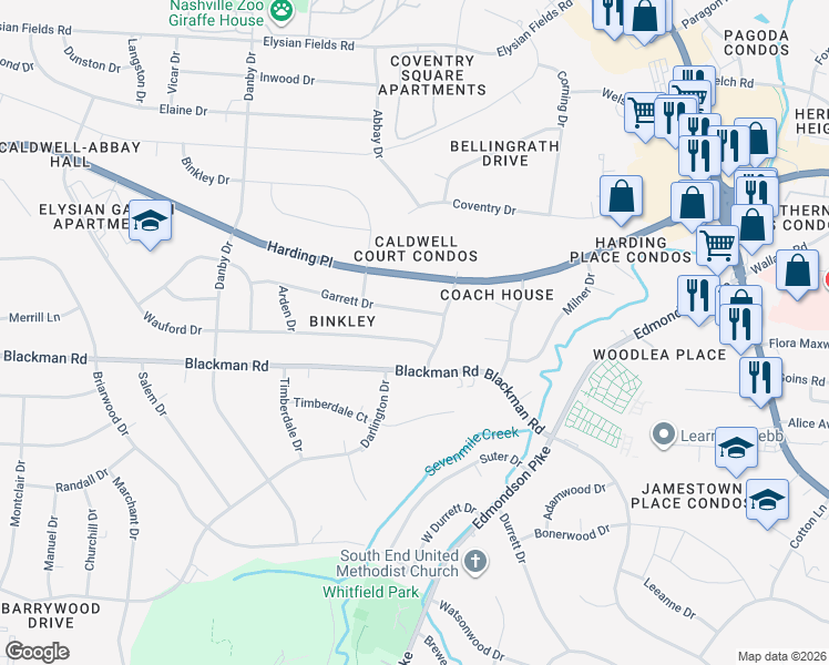 map of restaurants, bars, coffee shops, grocery stores, and more near 201 Wauford Drive in Nashville