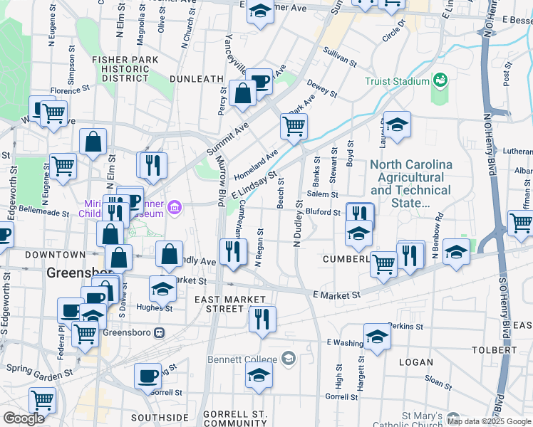 map of restaurants, bars, coffee shops, grocery stores, and more near 318 North Regan Street in Greensboro