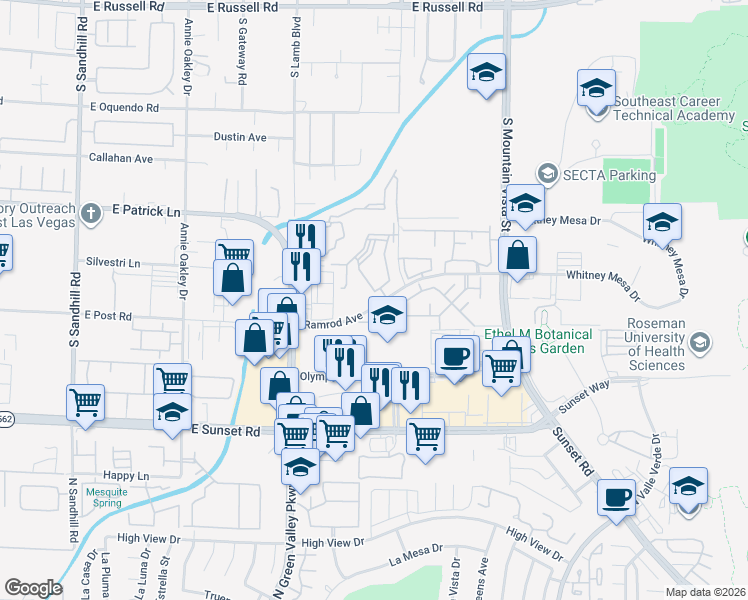 map of restaurants, bars, coffee shops, grocery stores, and more near 2120 Ramrod Avenue in Henderson