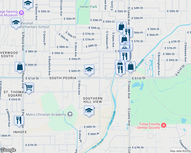 map of restaurants, bars, coffee shops, grocery stores, and more near 1777 Service Road in Tulsa