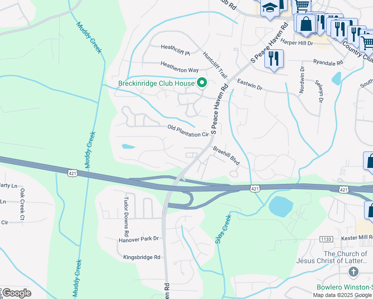 map of restaurants, bars, coffee shops, grocery stores, and more near 5331 Summit Heights Drive in Winston-Salem