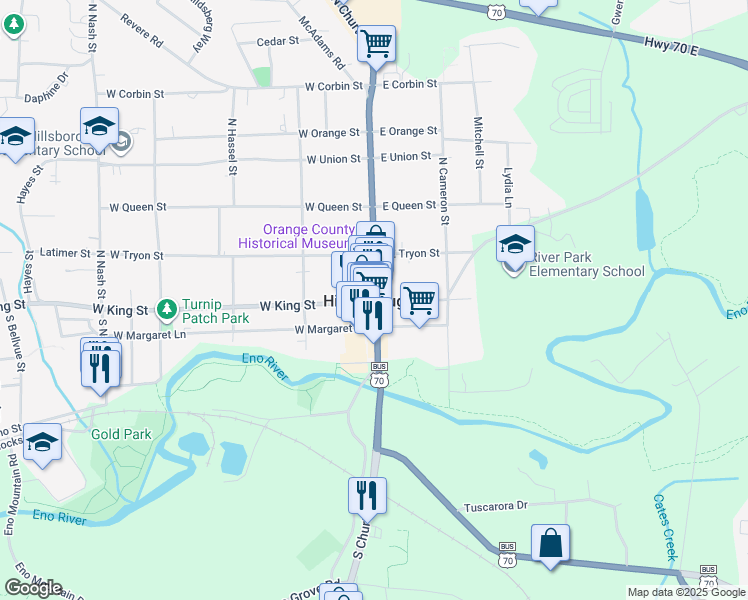 map of restaurants, bars, coffee shops, grocery stores, and more near U.S. 70 Business in Hillsborough