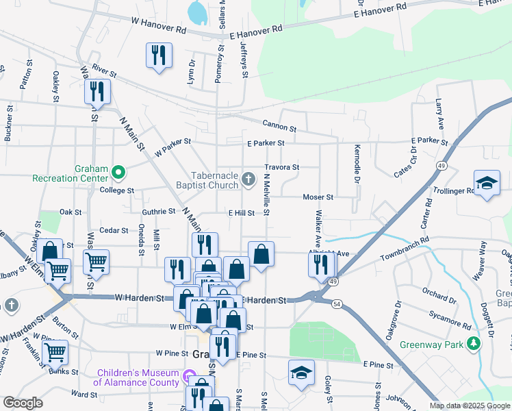 map of restaurants, bars, coffee shops, grocery stores, and more near 208 East Hill Street in Graham