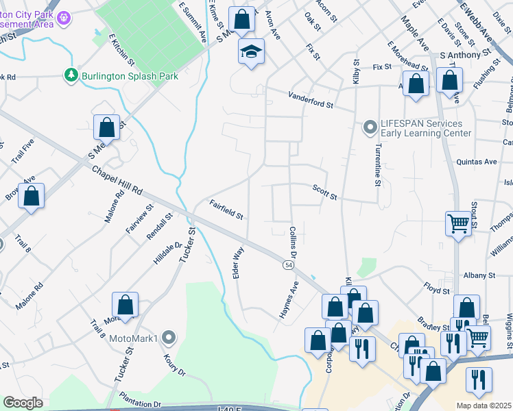 map of restaurants, bars, coffee shops, grocery stores, and more near 822 Fairfield Street in Burlington