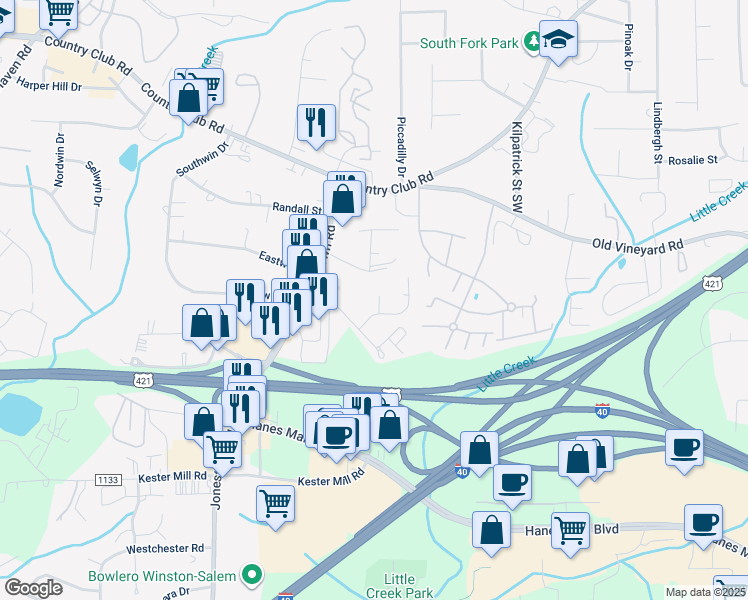 map of restaurants, bars, coffee shops, grocery stores, and more near 310 Mar-Don Hills Court in Winston-Salem