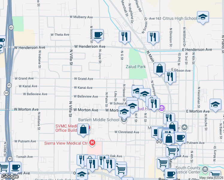 map of restaurants, bars, coffee shops, grocery stores, and more near 366 West Belleview Avenue in Porterville