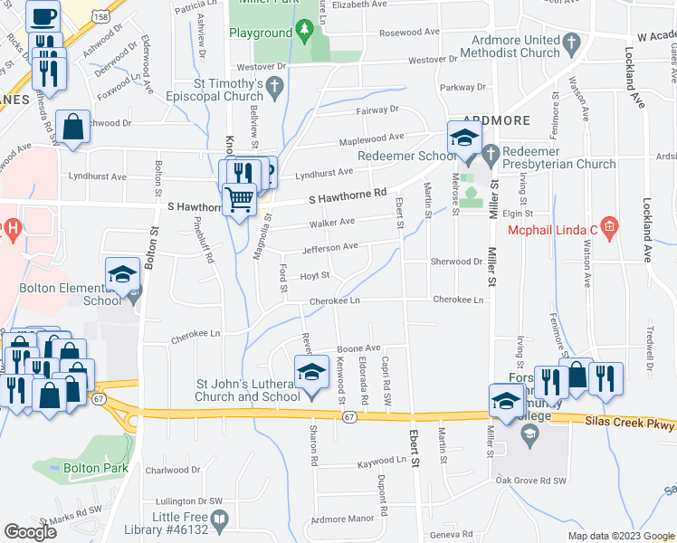 map of restaurants, bars, coffee shops, grocery stores, and more near 2405 Hoyt Street in Winston-Salem