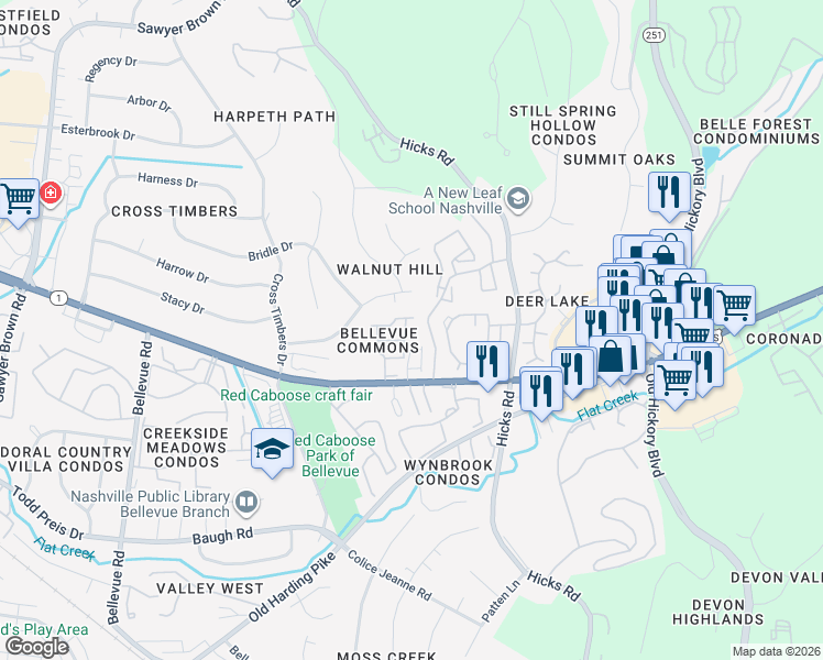 map of restaurants, bars, coffee shops, grocery stores, and more near 631 Bristol Creek Drive in Nashville