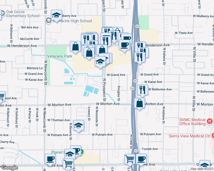 map of restaurants, bars, coffee shops, grocery stores, and more near 505 North Maston Street in Porterville