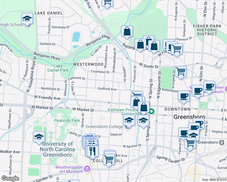map of restaurants, bars, coffee shops, grocery stores, and more near 1000 West Friendly Avenue in Greensboro