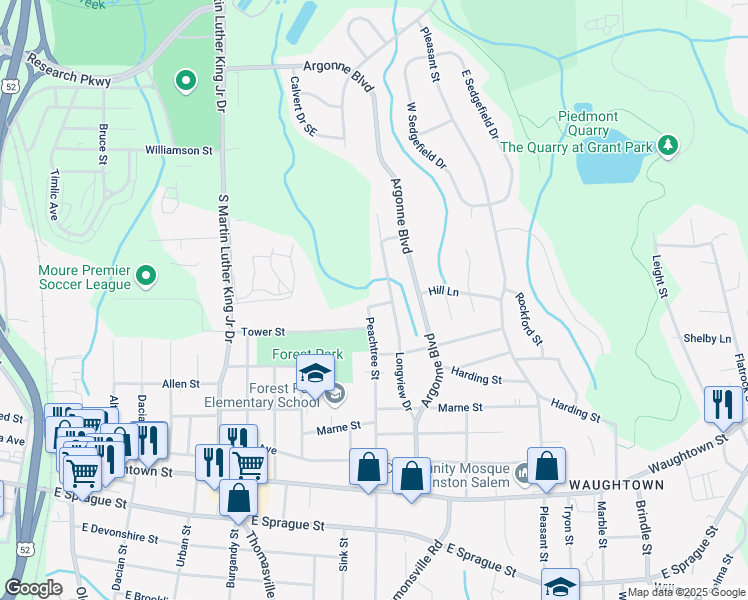 map of restaurants, bars, coffee shops, grocery stores, and more near 1197 Tower Street in Winston-Salem