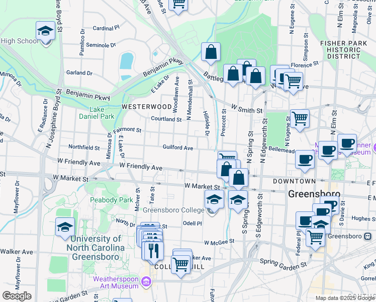 map of restaurants, bars, coffee shops, grocery stores, and more near 615 Guilford Avenue in Greensboro