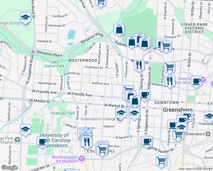 map of restaurants, bars, coffee shops, grocery stores, and more near 1000 West Friendly Avenue in Greensboro