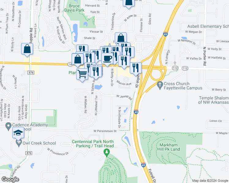 map of restaurants, bars, coffee shops, grocery stores, and more near 730 North Betty Jo Drive in Fayetteville