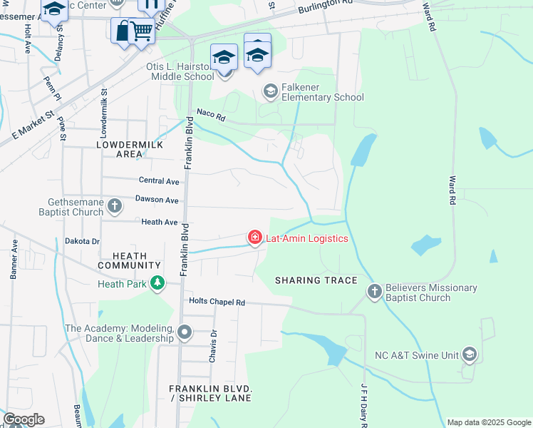 map of restaurants, bars, coffee shops, grocery stores, and more near 3938 Eastland Avenue in Greensboro