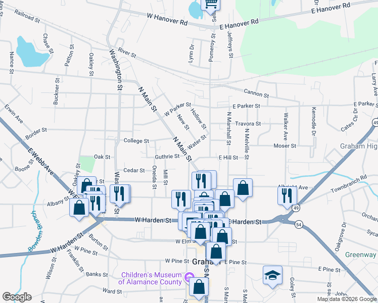 map of restaurants, bars, coffee shops, grocery stores, and more near 206 Guthrie St in Graham