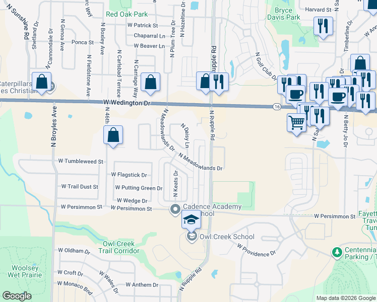 map of restaurants, bars, coffee shops, grocery stores, and more near 732 North Daisy Lane in Fayetteville