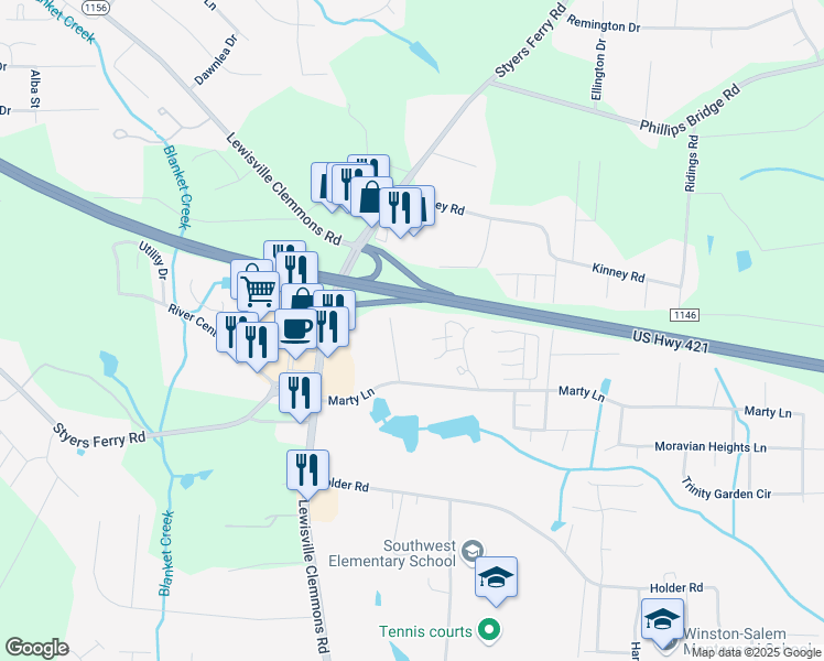 map of restaurants, bars, coffee shops, grocery stores, and more near 1455 Lake Cottage Road in Clemmons