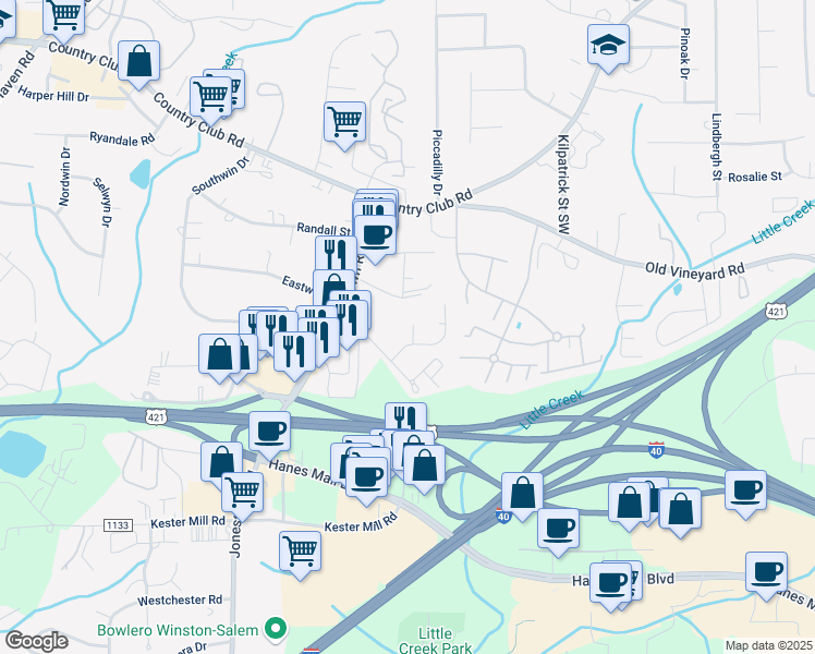 map of restaurants, bars, coffee shops, grocery stores, and more near 312 Mar-Don Hills Court in Winston-Salem