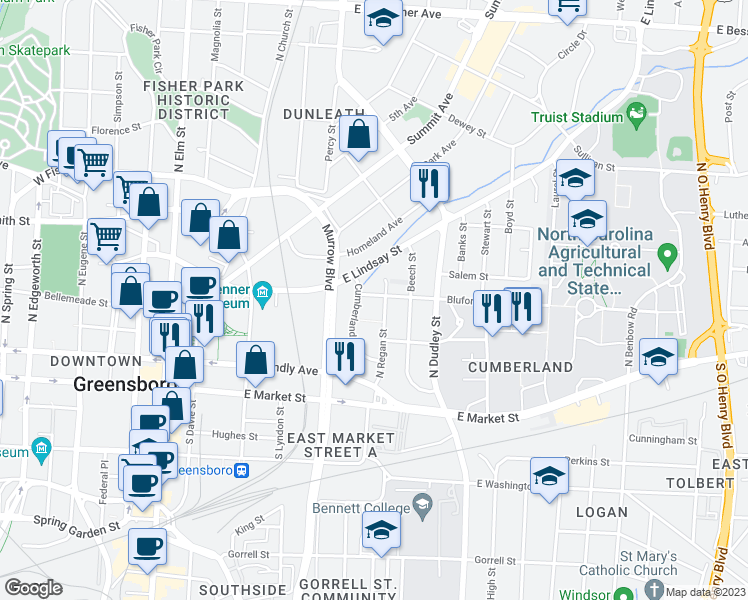 map of restaurants, bars, coffee shops, grocery stores, and more near 610 Bluford Street in Greensboro