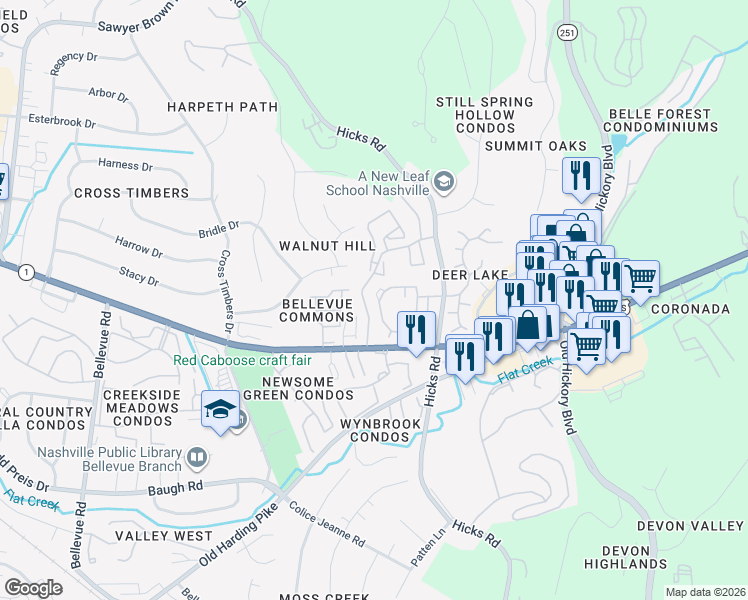 map of restaurants, bars, coffee shops, grocery stores, and more near 1404 Club Parkway in Nashville